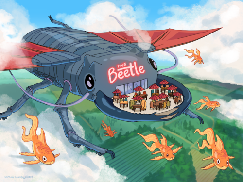 (8) a view of polly and ofra’s flying restaurant, the beetle! it carries the restaurant seatin