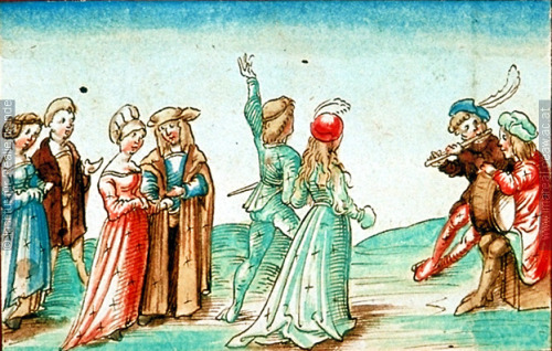 Dancers accompanied by a flute-player and drummer, Über Wunderzeichen , 1503