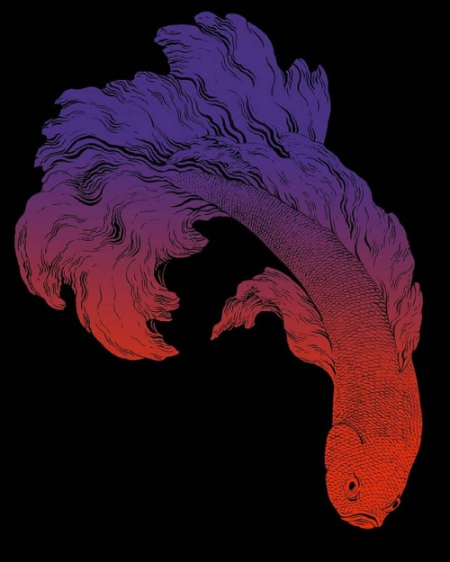 Neon fish. Linocut print digital manipulation
