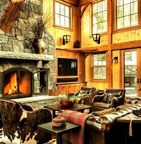 Burlington Rustic Family RoomExample Of A Large Mountain Style Open Concept Family Room Design With A