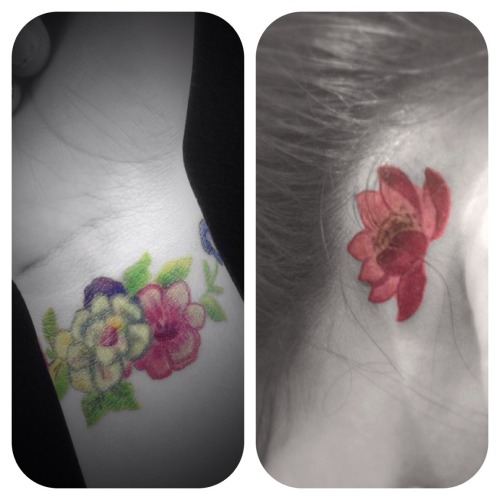 ttrinkett:  #1- The watercolor styled flowers are dedicated to my grandfather who passed away about 3 years ago. The design was painted on a porcelain decoration on his bed. I had this design done because when i would have panic or anxiety attack i would