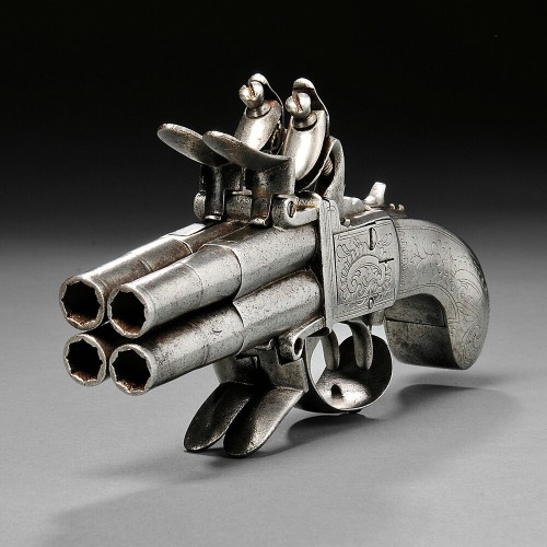 Continental Four-barrel Flintlock Pistol, c. late 18th century, iron butt and frame engraved with fo