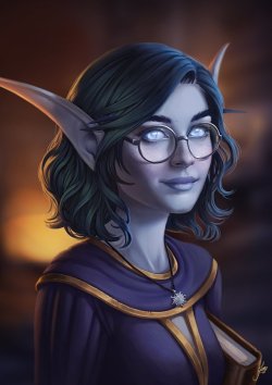 Night Elf girl in glasses: World of Warcraft game digital drawing [Artist: June Jenssen]