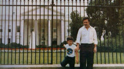puremontana:  Notorious drug lord Pablo Escobar and his son in front of the White House. 1980’s 