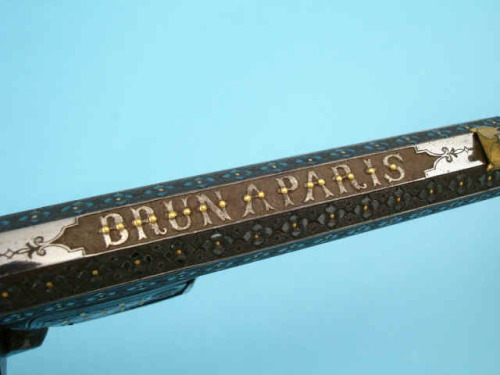 Exhibition engraved gold inlaid French Javelle pinfire revolver made by Brun a Paris, 1865.Estimated