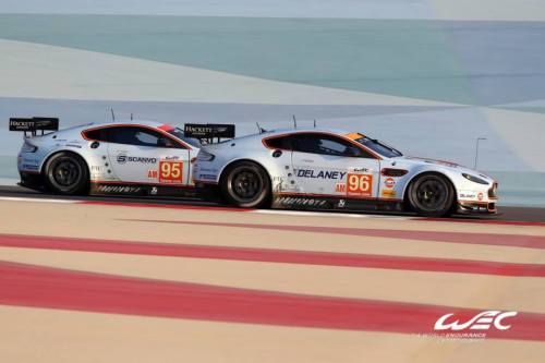 #95 (Hall/Campbell-Walter/Goethe) and #96 (Nygaard/Poulsen/Thiim) Astons during FP2 at Bahrain Inter