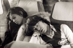 my-retro-vintage: Mick Jagger &amp; Bianca Jagger sleeping on a bus  Berlin   1973