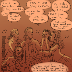 monkeycupart:  “Your wife loved you…. For some reason”Do you ever listen to Hamilton and….John Adams and Alexander Hamilton enjoying a musical together