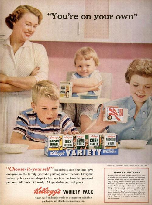 vintageadvertising:Kellogg’s, 1956 Ad. Distract ungrateful offspring with tiny boxes of cereal.Say &