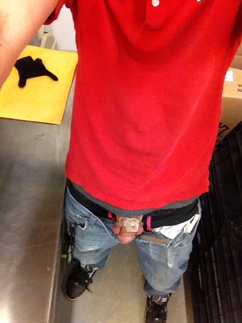 trevorthekinkyshadowolf:  At work. 3 days 22 hours locked so far with another 5 days