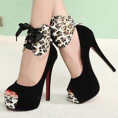 womenshoesdaily: Sexy Peep toe Bow Embellished Black Leopard Print High Heels Shoes