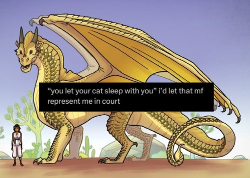 Rose's drawing of her and Smolder from Wings of Fire with a Tumblr post overlayed that reads, ""You let your cat sleep with you" I'd let that mf represent me in court"