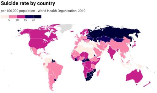 mapsontheweb: Suicide rate by country, 2019.