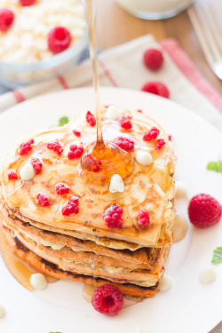 royal-food:  White Chocolate Raspberry Pancakes