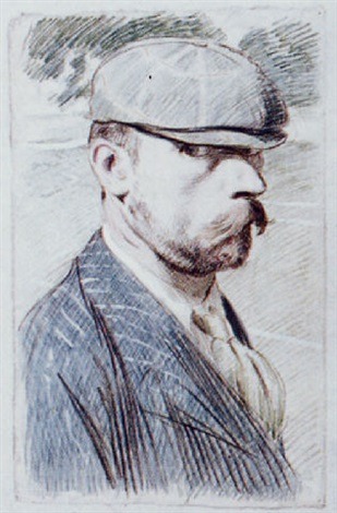 René-Georges Hermann-Paul (French, 1874–1940)Portrait d'homme de profil à la casquette, Femme à sa t