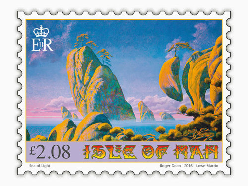 70sscifiart:    Artist Roger Dean, known for his album artworks for Yes and Asia, has created a series of six stamps for the Isle of Man Post Office.  