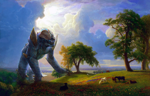  Oliver Wetter abandoned iron giant at lake in swiss mountains(aleksey savrasov’s lake in the swiss mountains) kaijufornia spring(albert bierstadt’s california spring) a kaiju evening at the juniata(thomas moran’s the juniata, evening) godzilla