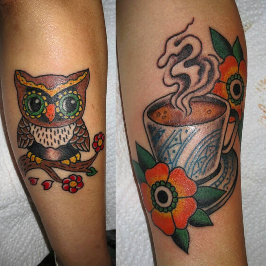 Matching owl tattoos on the left upper arm June and