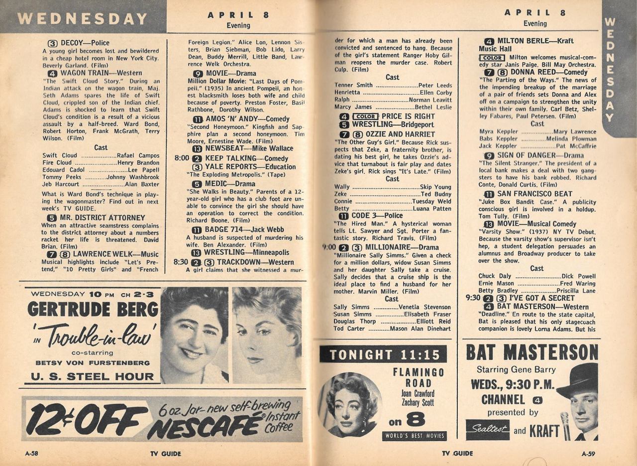 Bcast_Md — TV Guide listings for April 8, 1959. “Varsity...