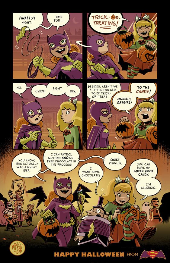 kateordie:  mikemaihack:  A new Batgirl/Supergirl comic for Halloween. Because candy.