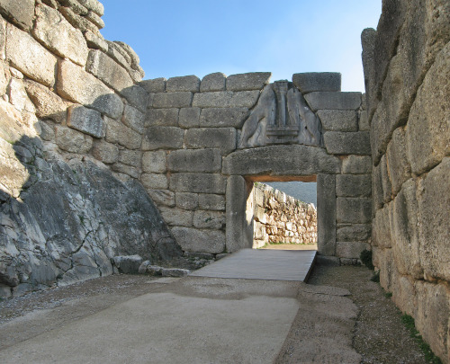 Lion Gate, Mycenae, Greece. 1300 BCE. Mycenaean. limestone relief panel; 9&rsquo; 6&quot; high.  lot