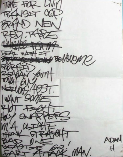 Handwritten setlist for the Clean Needles Now Benefit at the Palace in Los Angeles, CA | 8 April 199
