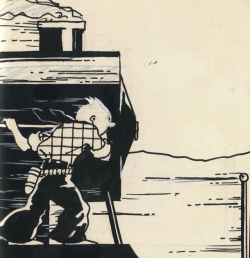 Original and later versions of a panel from Tintin in America, the black-and-white from Le Petit Vin