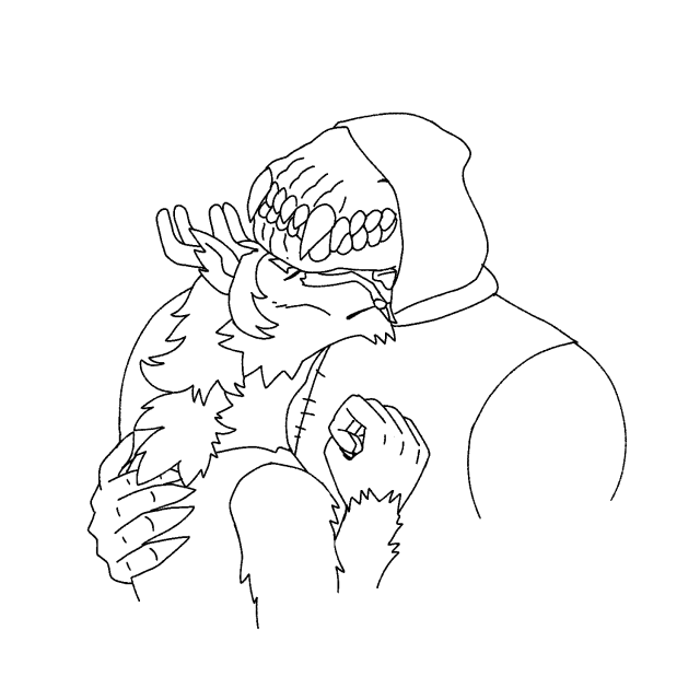 a line drawing of a werewolf cuddling up to a monster whose head is pretty much just a huge toothy maw. 