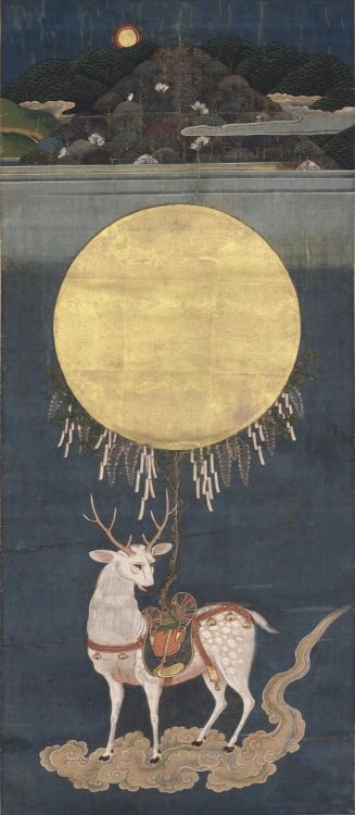 philamuseum:Deer are considered to be the sacred messengers of Shinto deities, and are often depicte