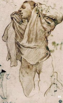 Depiction of a young man raising his clothes.