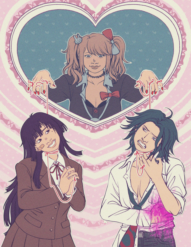 danganronpa fanart. junko enoshima stands in shadow within a heart shaped frame, her hands stretched forth to dangle mikan tsumiki and yasuke matsuda from her hands like puppets. they're attached via a red string of fate for each hand, with it tied around their necks. mikan looks up at junko lovingly, while yasuke tries to pull the string away from his neck, and holds his other hand to a bleeding wound in his abdomen. the colors are sweet and pastel.