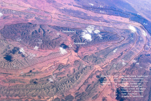 2005: The Ooraminna Anticline seen from 35,000 feet. The wells, Ooraminna-1 and Ooramina-2, found ga
