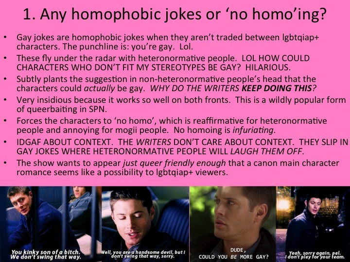 snuggydeamon:  Queerbaiting is bad: a powerpoint Sources:  Homophobic jokes original