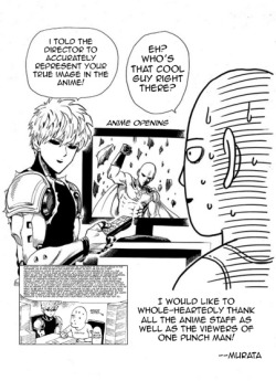 jaxblade:  aitaikimochi:  Translated a request from jaykklullaby for Murata’s latest tweet about Genos telling the director of the One Punch Man anime how to make the Opening Song. Enjoy~  THAT IS SO AWESOMELY META xD way to go Murata-sensei 