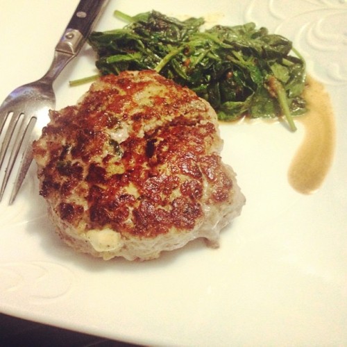 This morning&rsquo;s breakfast! Ground veal basil and feta pattie with 3 cups spinach. Yes, this is 