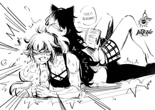 cherryinthesun: Inktober2018  with Yang and Blake from  RWBY <3   Day 7 - Exhausted  When your cat helps you with everyday plank session…   #YURITOBER  Patreon ⎸Ko-fi ⎸Commissions  That’s not easy tho lmao 