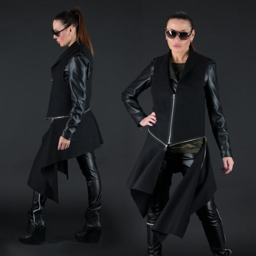 New! Black Cashmere Zipper Vest, Elegant Sleeveless Trench Coat by EUGfashion. Available sizes from 