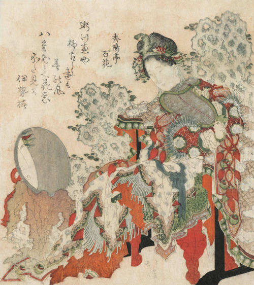 Totoya Hokkei - Chinese Princess Gazing into a Mirror (c.1820s), and detail with a mirrorWoodblock p