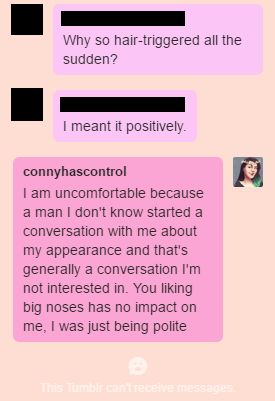 velvetcyborg: thescienceofjohnlock:  connyhascontrol:  so this guy followed me yesterday after I posted some selfies and then this happened. At first I just wanted to say ‘anyway men are awful’ but I figured I might help especially younger female