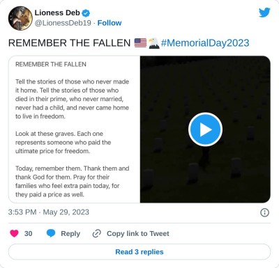 REMEMBER THE FALLEN 🇺🇸🦅#MemorialDay2023 pic.twitter.com/44YrWM8UW4

— Lioness Deb (@LionessDeb19) May 29, 2023