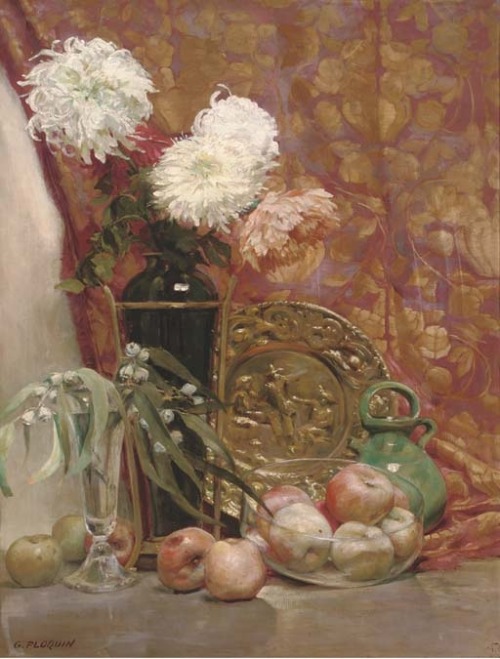 Gaston Ploquin (1882–1970)Chrysanthemums in a vase, apples, an ornamental salver, a jug and other su