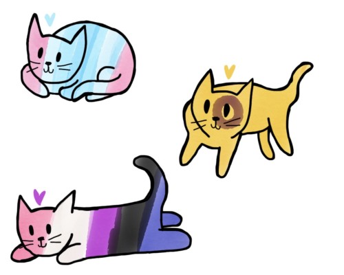 three sloppy doodles of cats colored to look like the transmasc, intersex & genderfluid pride flags