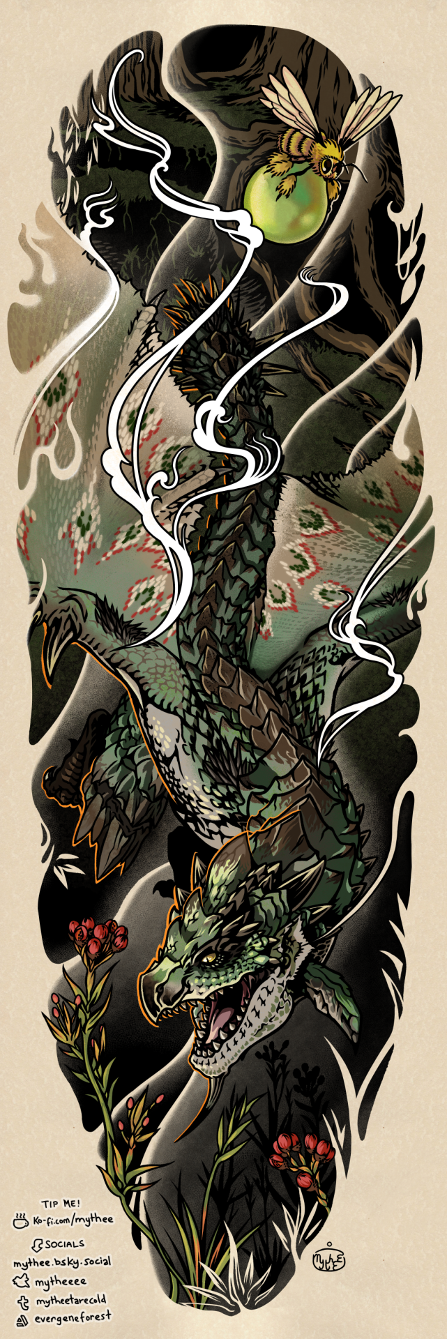 Rathian rushed her foes, her next meal in mind;
Caught in her toes, a hunter fell behind.
Hoisting its heals, a vigorwasp hovered by
So the hunter absconded, now all slick and spry!

I had a rush commish for a Rathalos tattoo, but turned it into this afterward for print.