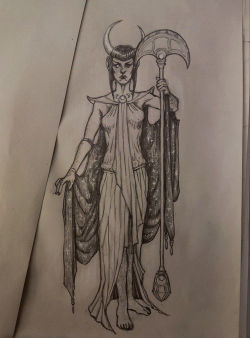 Traditional sketch in graphite of the Vulcan goddess T'Khut, with her white eye and her horns symbolising the planet's moon, "The Watcher", and her ceremonial lirpa. She wears the night sky with all the stars as her cloak. She's hairy, like the average Vulcan regardless of gender, and she's barefoot.