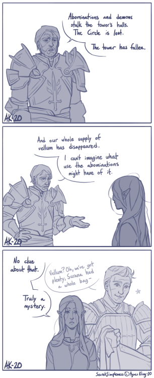 Drop that bag, Alistair. It’s my vellum now.HoF Surana, Greagoir, Alistair / Dragon Age Origin