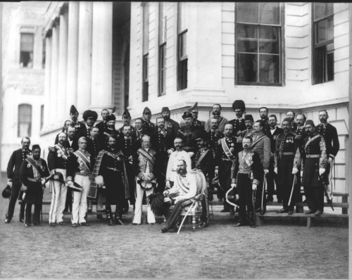Franz Joseph surrounded by his suite (note the presence of Andrassy, 5th from the left, first row) i
