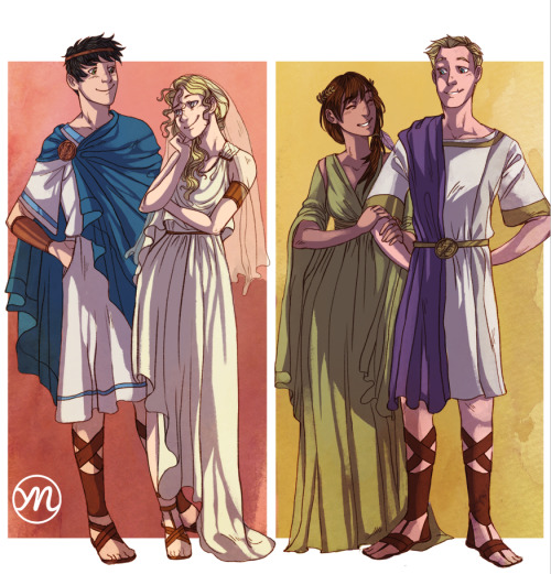 yorinarpati:Percy Jackson Fanzine submission! ;DThe big 7 in Ancient Greek/Roman clothes for prom. W