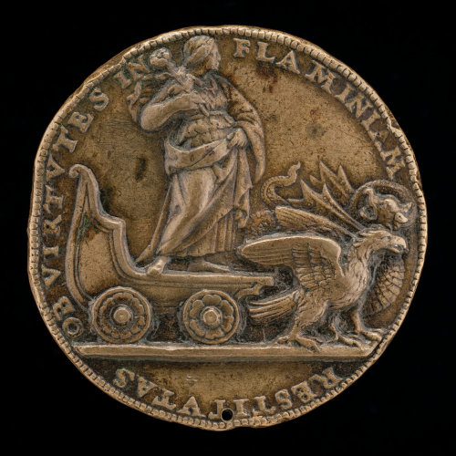 Figure in a Car Drawn by a Dragon and an Eagle, reverse of a brass medal by a follower of Francesco 