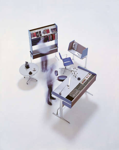 Robert Probst & George Nelson, Action Office I, 1964. Roll-top high desk, perch stool, separate 