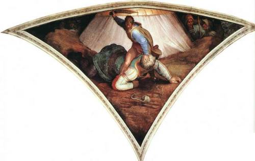 renaissance-art-blog:Sistine Chapel Ceiling: David and Goliath, 1509, Michelangelo BuonarrotiSize: 9